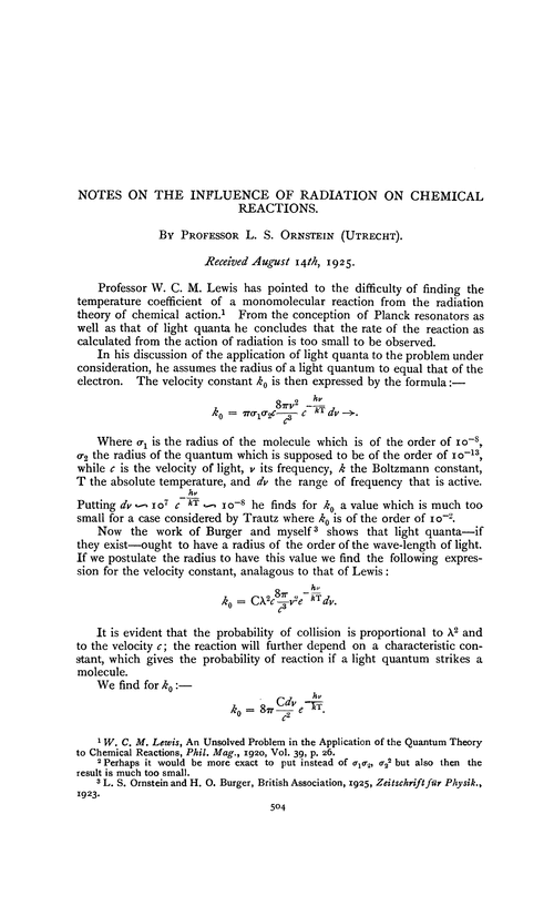 Notes on the influence of radiation on chemical reactions