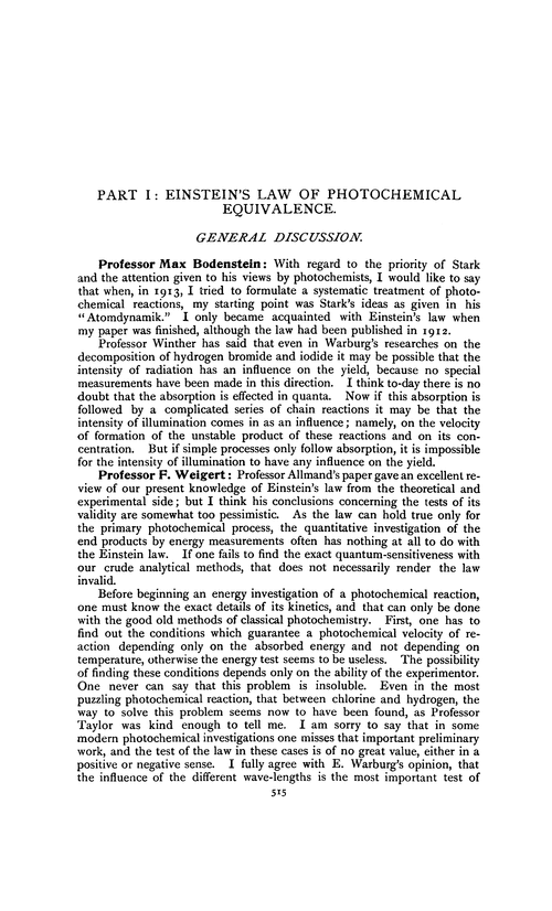 Part I: Einstein's law of photochemical equivalence. General discussion
