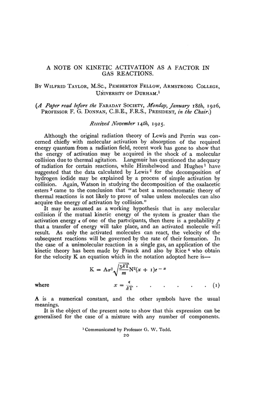 A note on kinetic activation as a factor in gas reactions