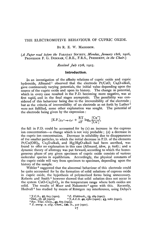 The electromotive behaviour of cupric oxide