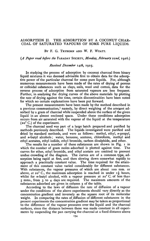 Adsorption II. The adsorption by a coconut charcoal of saturated vapours of some pure liquids