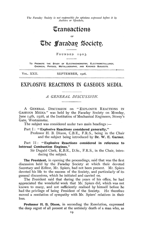 Explosive reactions in gaseous media. A general discussion
