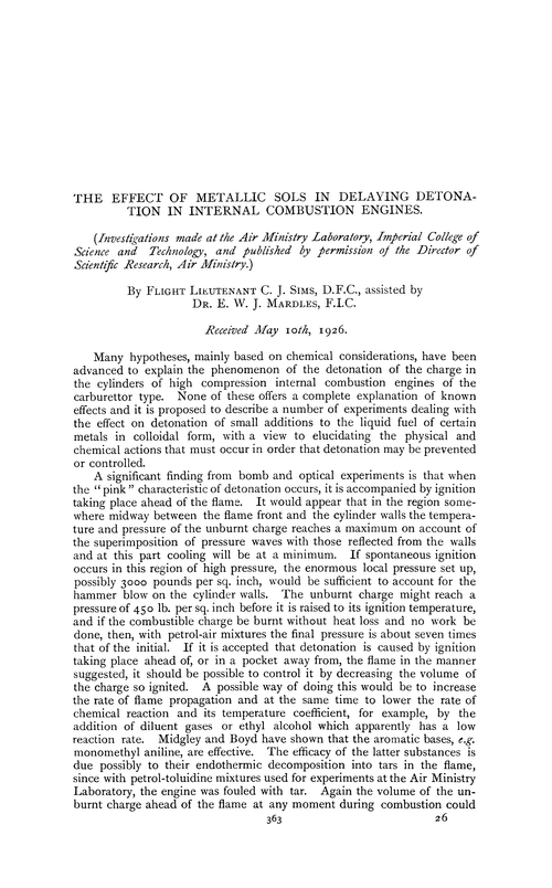The effect of metallic sols in delaying detonation in internal combustion engines