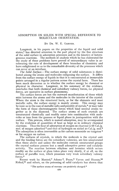 Adsorption on solids with special reference to molecular orientation