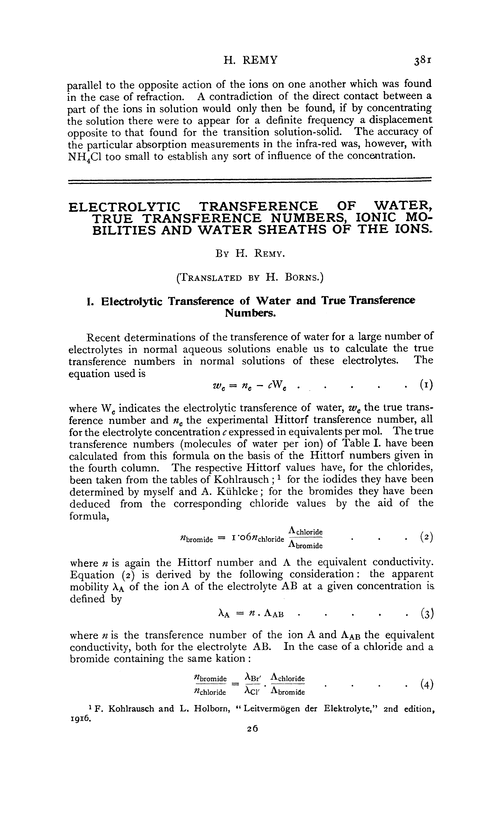 Electrolytic transference of water, true transference numbers, ionic mobilities and water sheaths of the ions