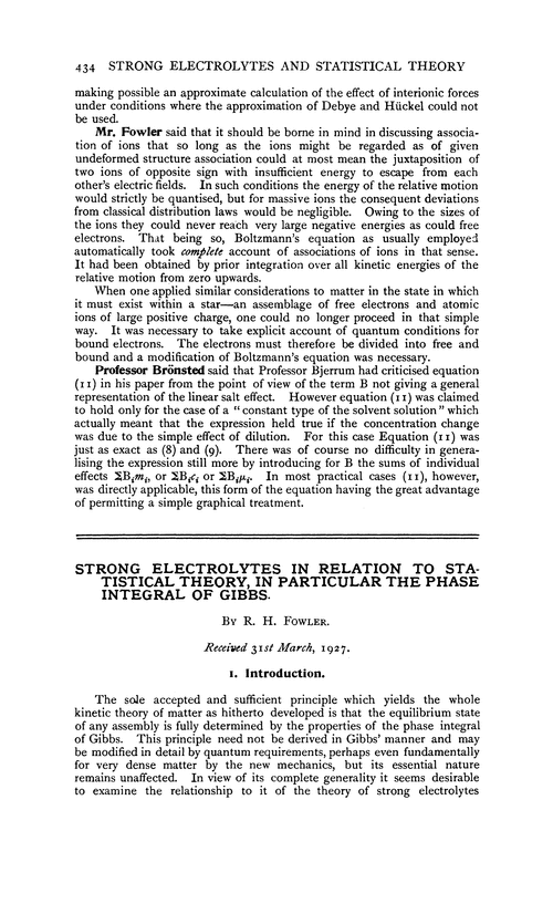 Strong electrolytes in relation to statistical theory, in particular the phase integral of Gibbs