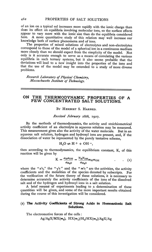 On the thermodynamic properties of a few concentrated salt solutions