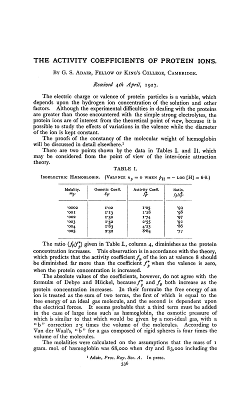 The activity coefficients of protein ions