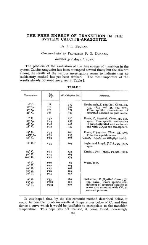The free energy of transition in the system calcite-aragonite