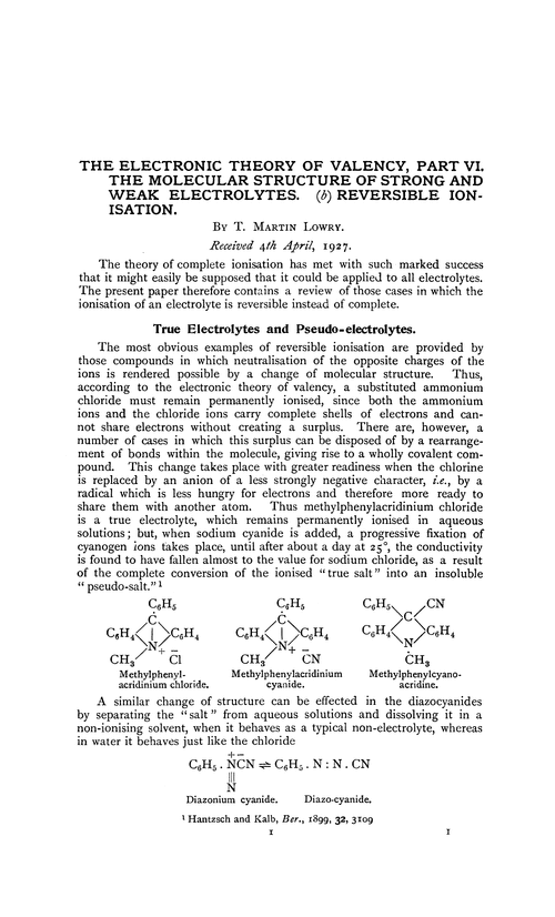 The electronic theory of valency, part VI. The molecular structure of strong and weak electrolytes. (b) Reversible ionisation