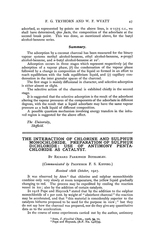 The interaction of chlorine and sulphur monochloride. Preparation of sulphur dichloride: use of antimony pentachloride as catalyst