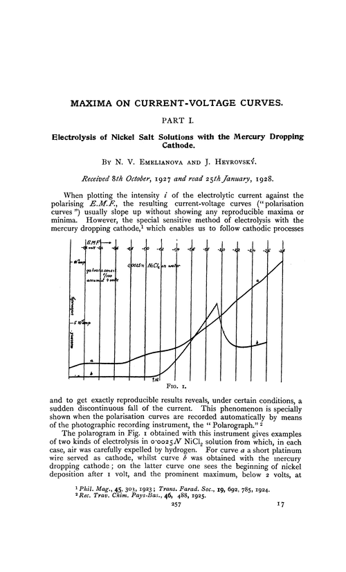 Maxima on current-voltage curves. Part I. Electrolysis of nickel salt solutions with the mercury dropping cathode