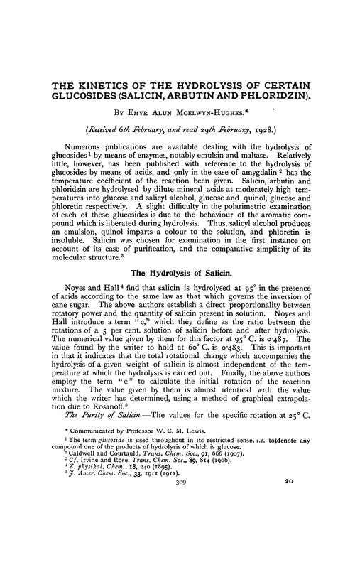 The kinetics of the hydrolysis of certain glucosides (Salicin, arbutin and phloridzin)