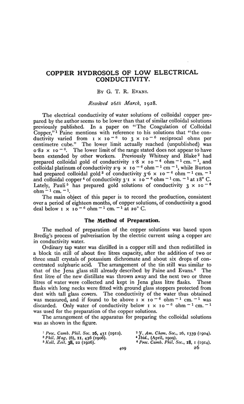Copper hydrosols of low electrical conductivity