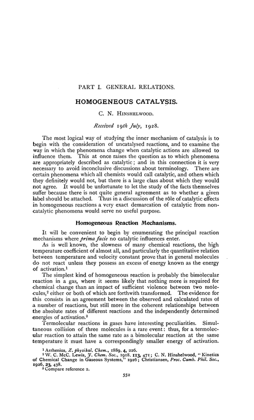 Part I. General relations. Homogeneous Catalysis