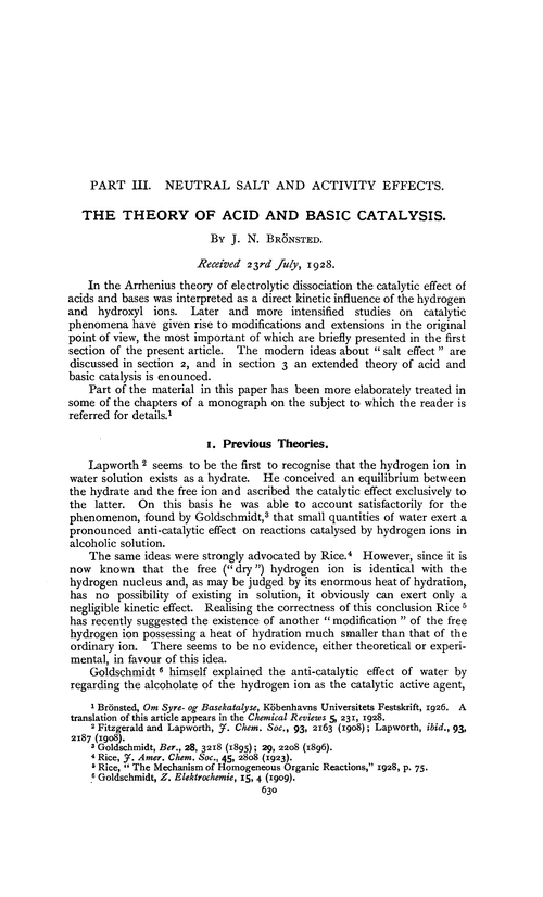 Part III. Neutral salt and activity effects. The theory of acid and basic catalysis