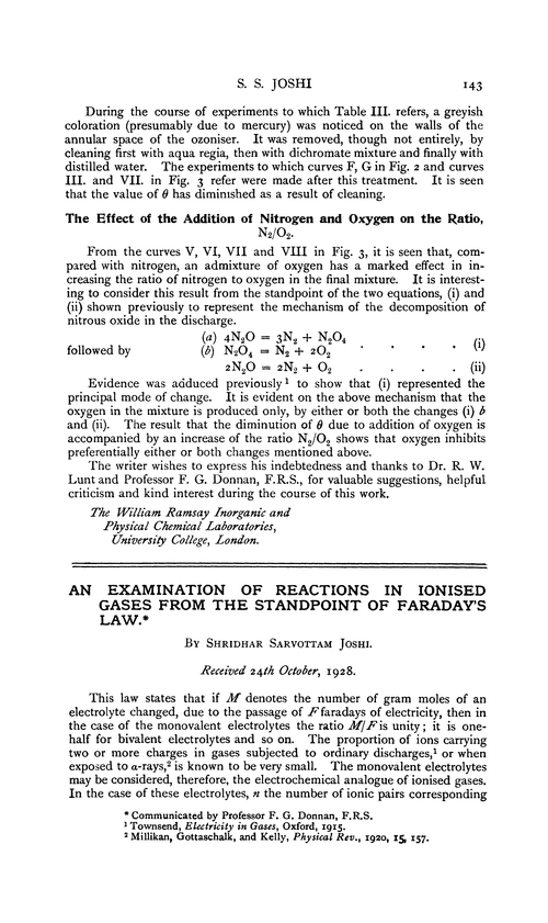 An examination of reactions in ionised gases from the standpoint of Faraday's law