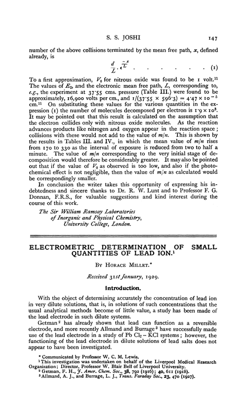 Electrometric determination of small quantities of lead ion