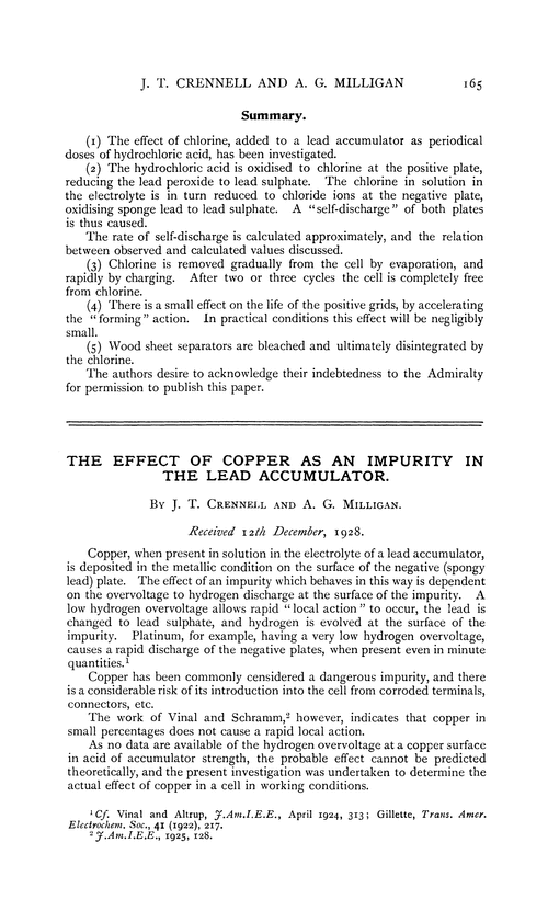The effect of copper as an impurity in the lead accumulator