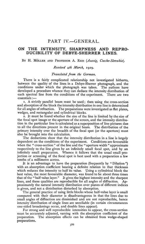 Part IV.—General. On the intensity, sharpness and reproducibility of Debye-Sherrer lines