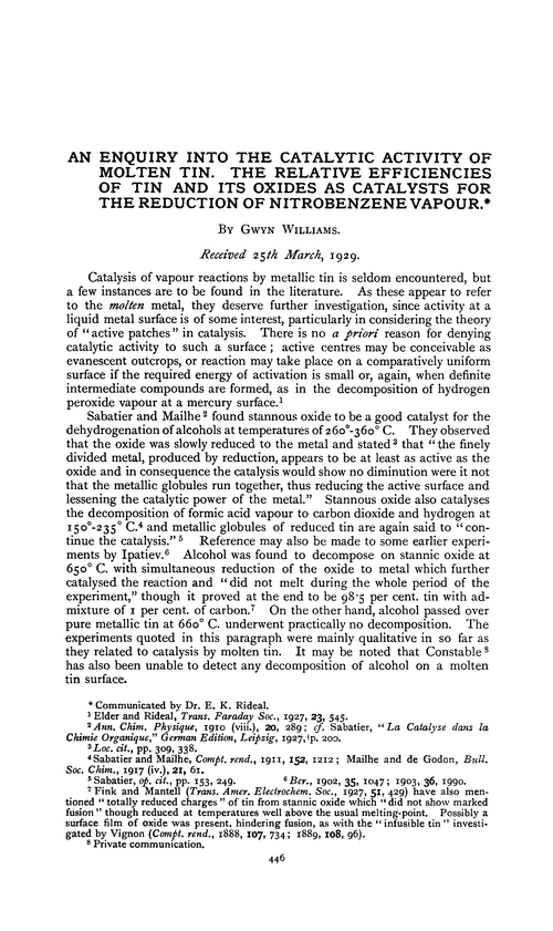 An enquiry into the catalytic activity of molten tin. The relative efficiencies of tin and its oxides as catalysts for the reduction of nitrobenzene vapour