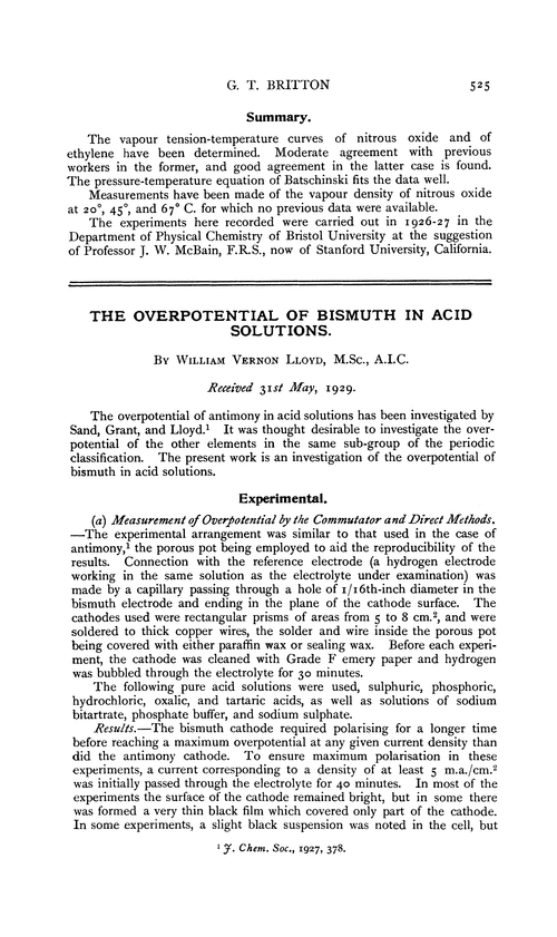 The overpotential of bismuth in acid solutions