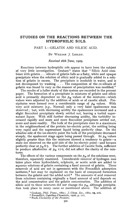 Studies on the reactions between the hydrophilic sols. Part I.—Gelatin and silicic acid