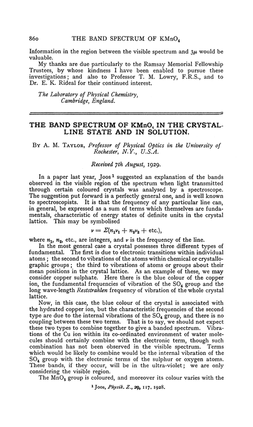 The band spectrum of KMnO4 in the crystalline state and in solution