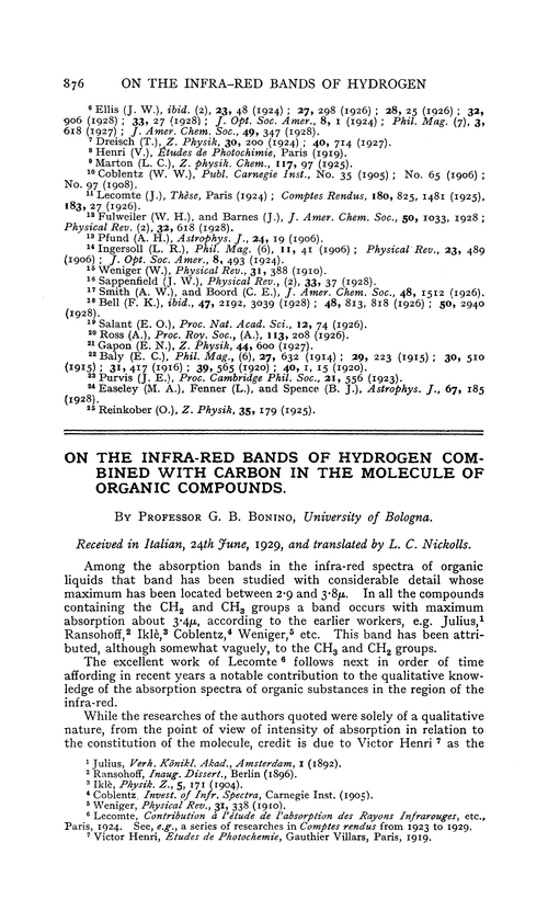 On the infra-red bands of hydrogen combined with carbon in the molecule of organic compounds