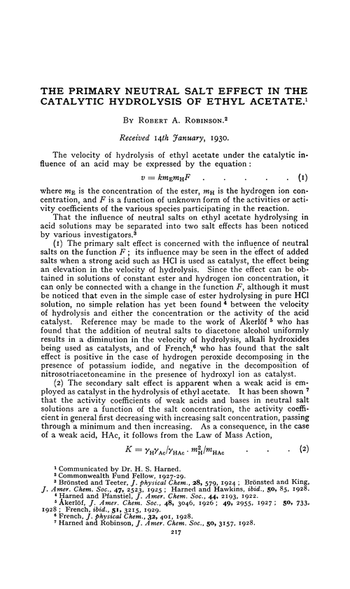 The primary neutral salt effect in the catalytic hydrolysis of ethyl acetate