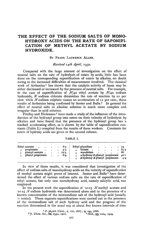 The effect of the sodium salts of monohydroxy acids on the rate of saponification of methyl acetate by sodium hydroxide