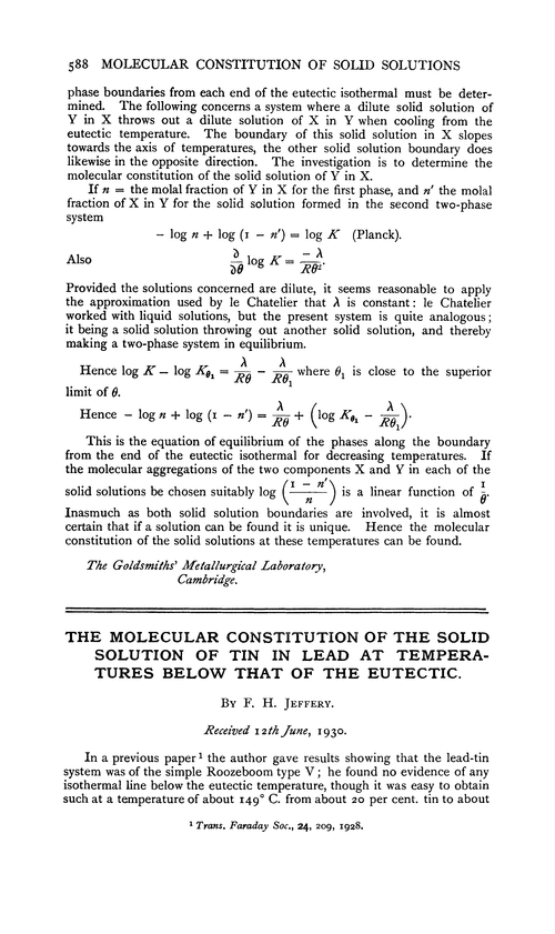 The molecular constitution of the solid solution of tin in lead at temperatures below that of the eutectic