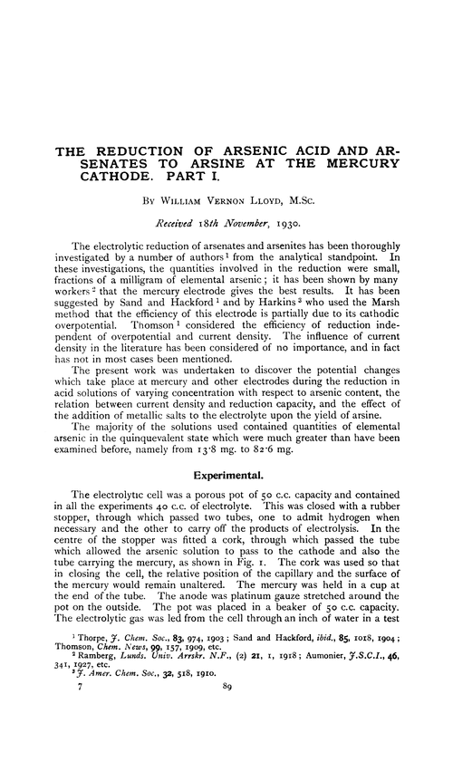 The reduction of arsenic acid and arsenates to arsine at the mercury cathode. Part I