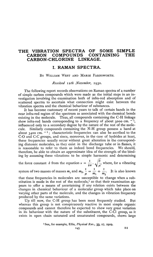 The vibration spectra of some simple carbon compounds containing the carbon-chlorine linkage. I. Raman spectra