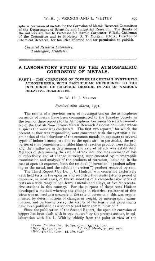 A laboratory study of the atmospheric corrosion of metals. Part I.—The Corrosion of copper in certain synthetic atmospheres, with particular reference to the influence of sulphur dioxide in air of various relative humidities