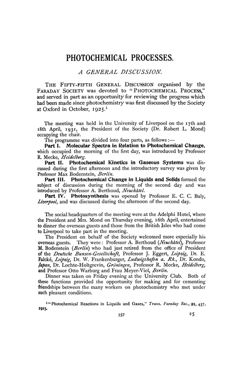 Photochemical processes. A general discussion
