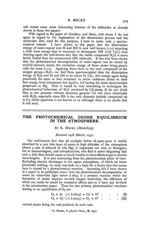 The photochemical ozone equilibrium in the atmosphere