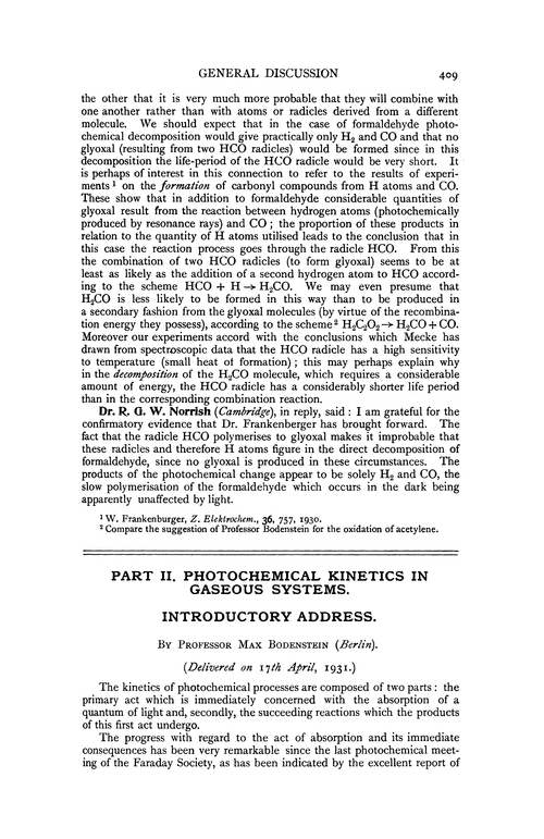 Part II. Photochemical kinetices in gaseous systems. Introductory address