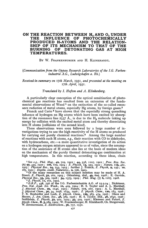 On the reaction between H2 and O2 under the influence of photochemically produced H-atoms and the relationship of its mechanism to that of the burning of detonating gas at high temperatures