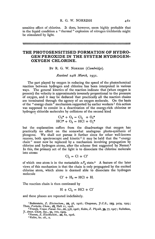 The photosensitised formation of hydrogen peroxide in the system hydrogen-oxygen chlorine
