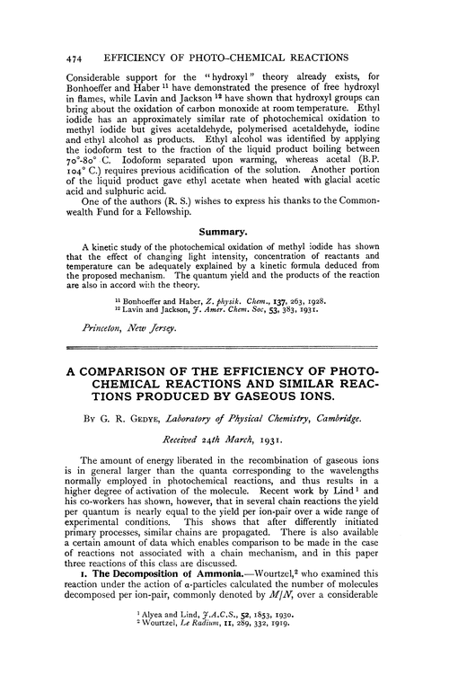A comparison of the efficiency of photochemical reactions and similar reactions by gaseous ions