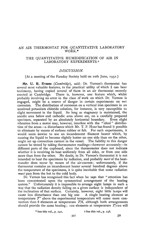 An air thermostat for quantitative laboratory work. The quantitative humidification of air in laboratory experiments. Discussion