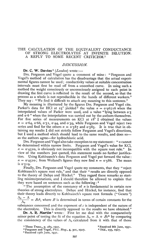 The calculation of the equivalent conductance of strong electrolytes at infinite dilution. A reply to some recent criticism. Discussion