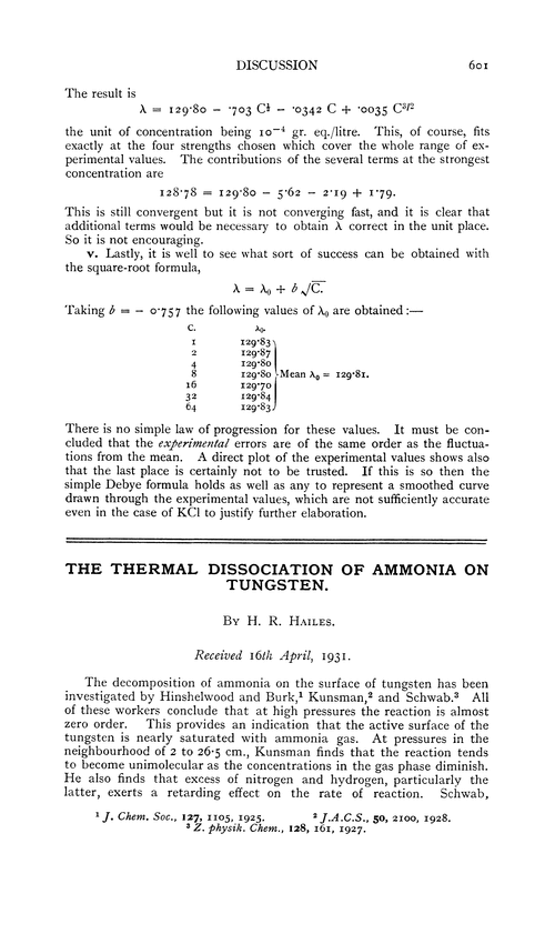 The thermal dissociation of ammonia on tungsten