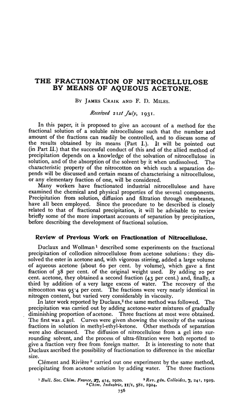 The fractionation of nitrocellulose by means of aqueous acetone