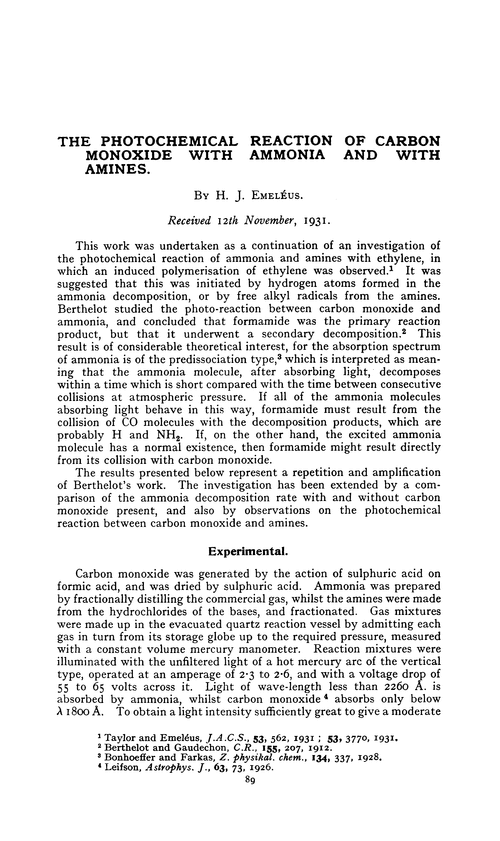 The photochemical reaction of carbon monoxide with ammonia and with amines