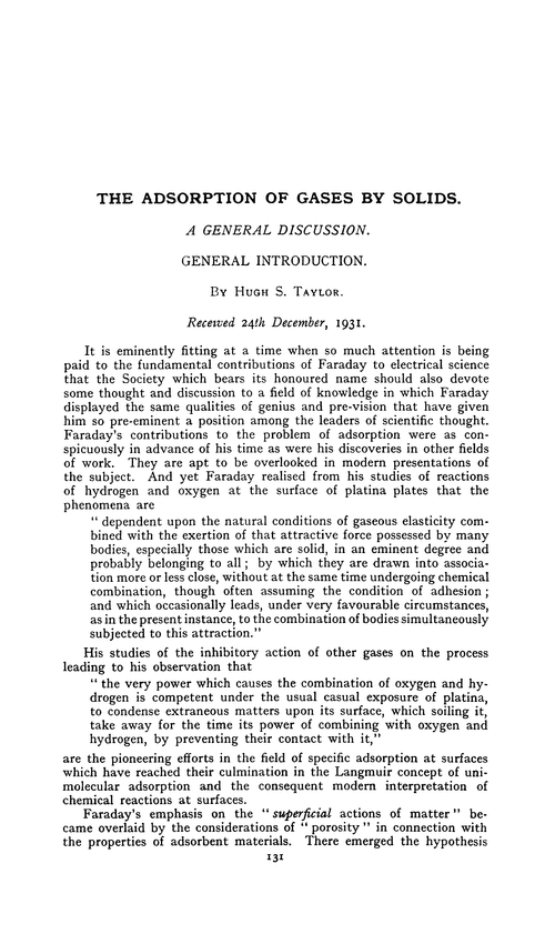 The adsorption of gases by solids. A general discussion. General introduction
