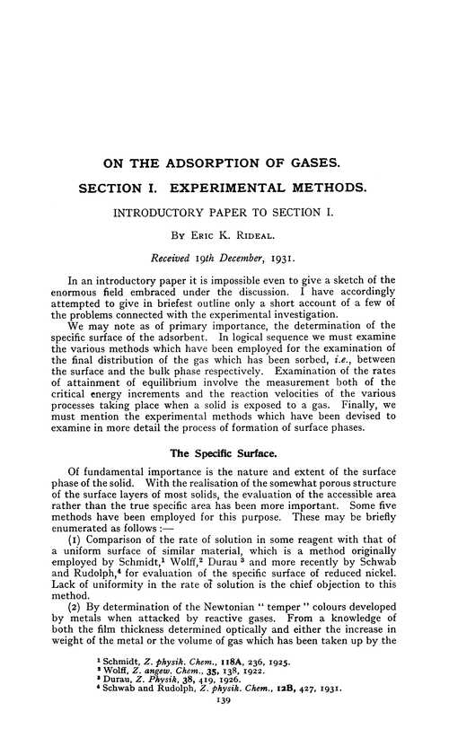 On the adsorption of gases. Section I. Experimental methods. Introductory paper to section I