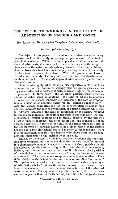 The use of thermionics in the study of adsorption of vapours and gases