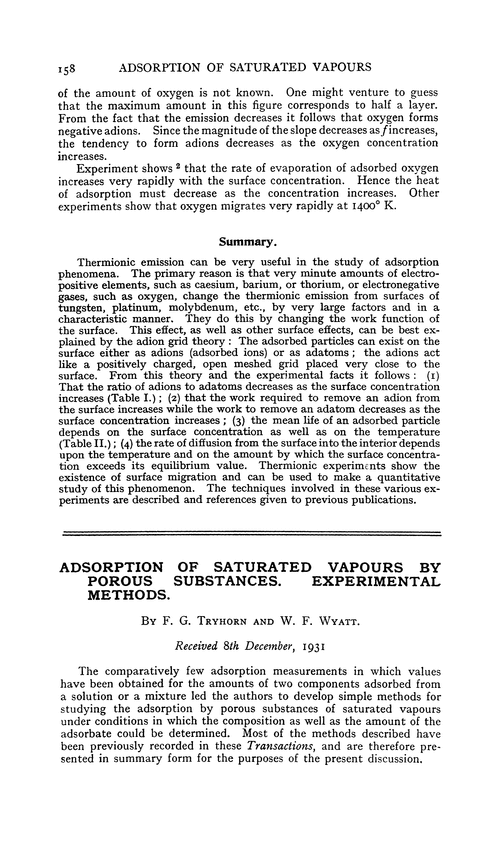 Adsorption of saturated vapours by porous substances. Experimental methods